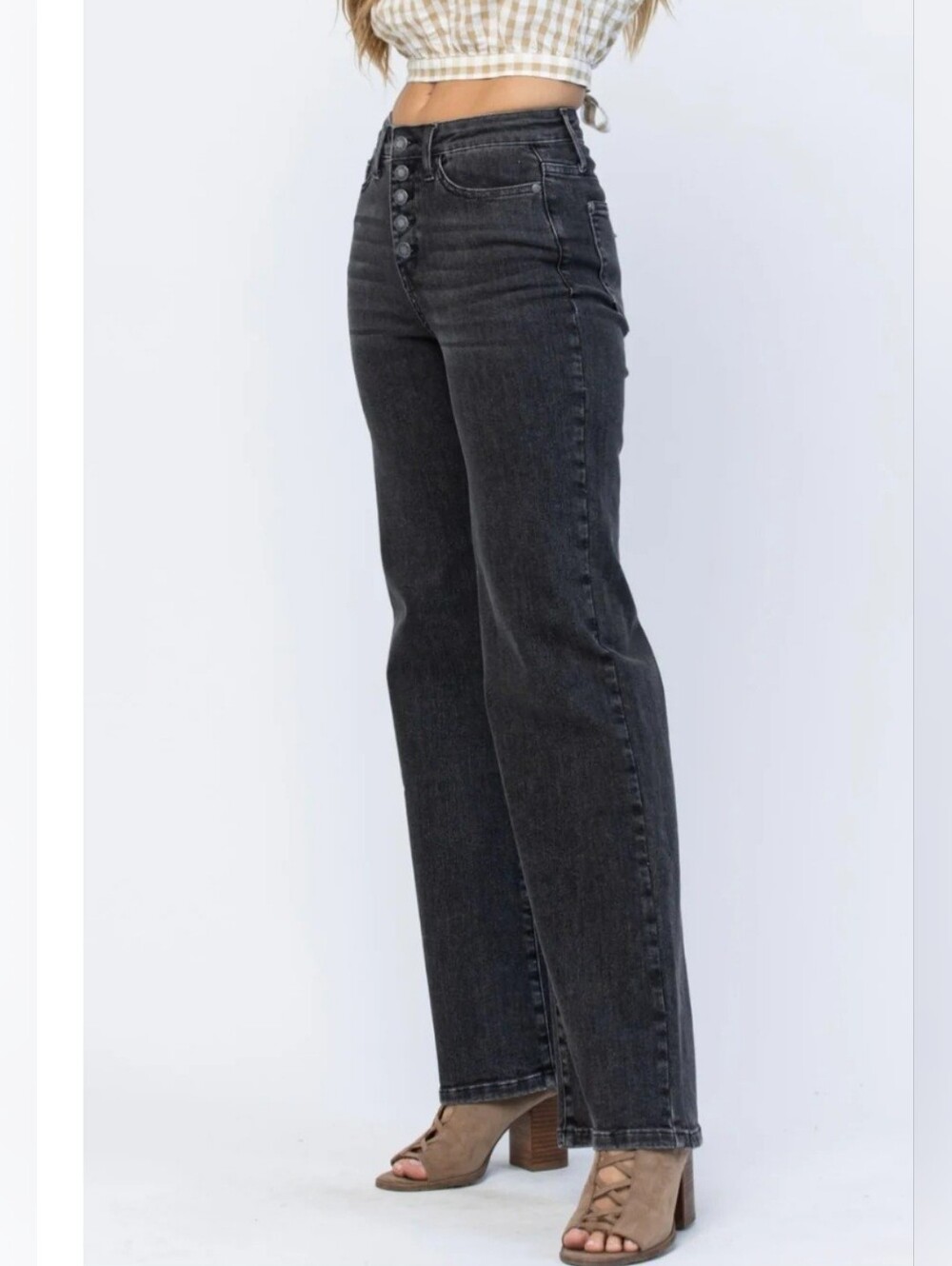 Judy Blue Nellie High Rise Button Fly Trouser Wide Leg Jeans Size 11 / 30 Black - Picture 2 of 14